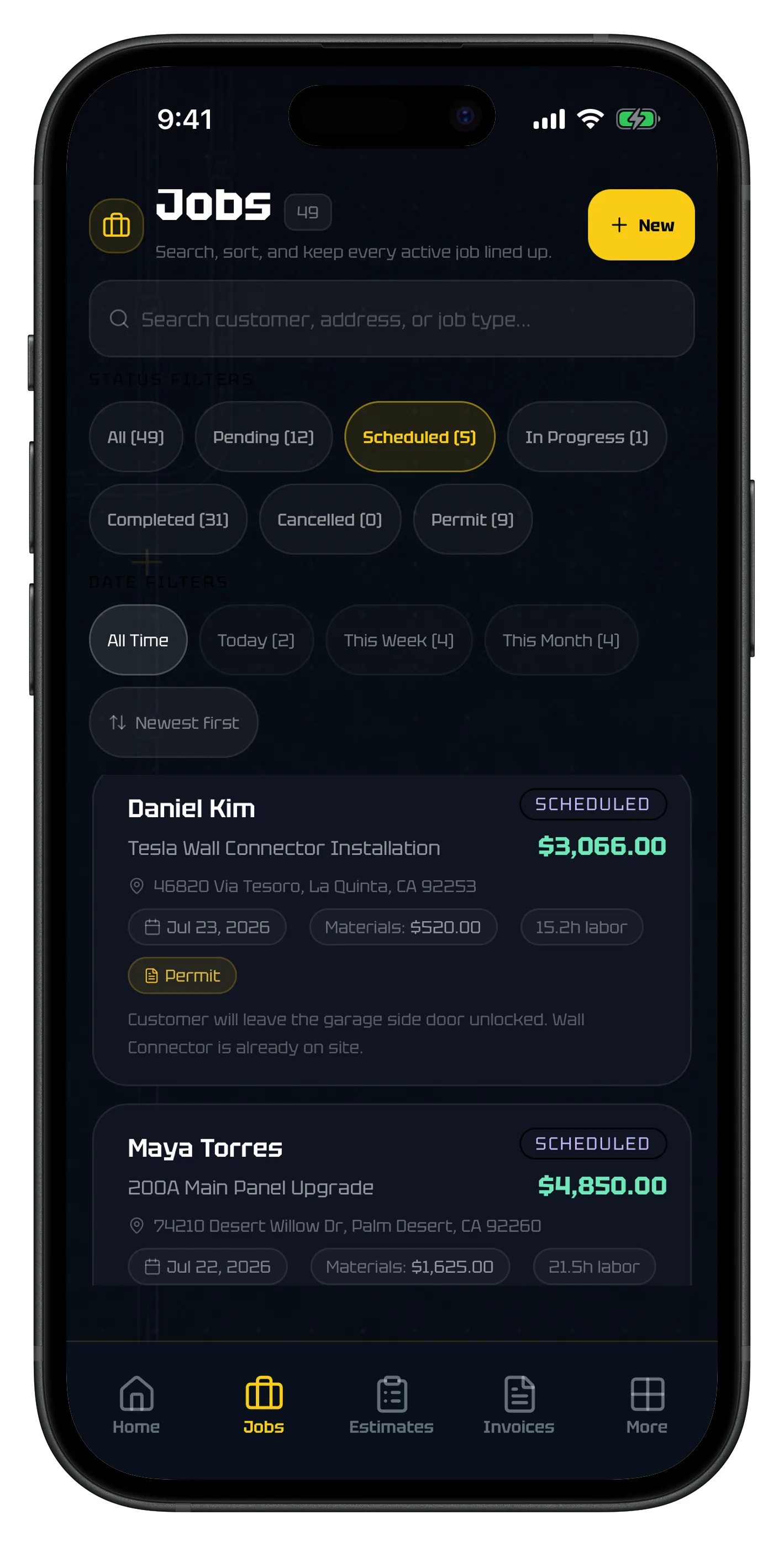 ElectriTrack jobs list filtered to scheduled work, showing each customer, job type, address, and job value.