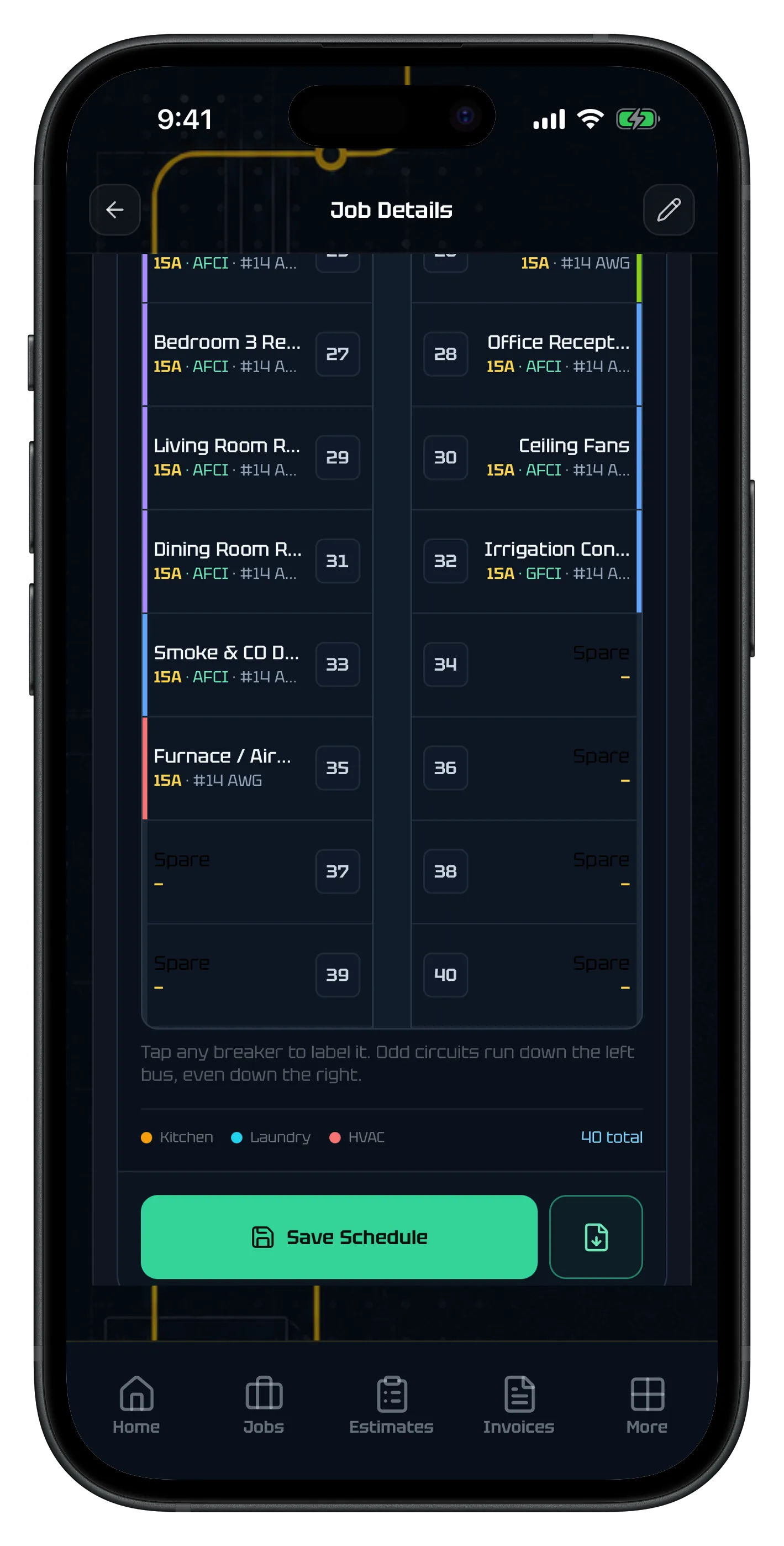 ElectriTrack panel schedule showing 40 circuits with breaker, conductor, AFCI, and GFCI details.
