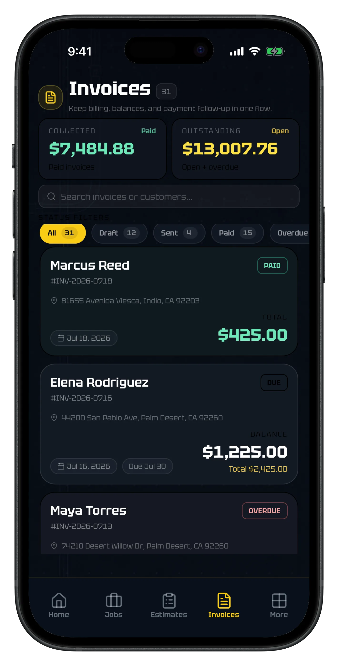 ElectriTrack invoices showing collected and outstanding totals alongside paid, due, and overdue invoices.