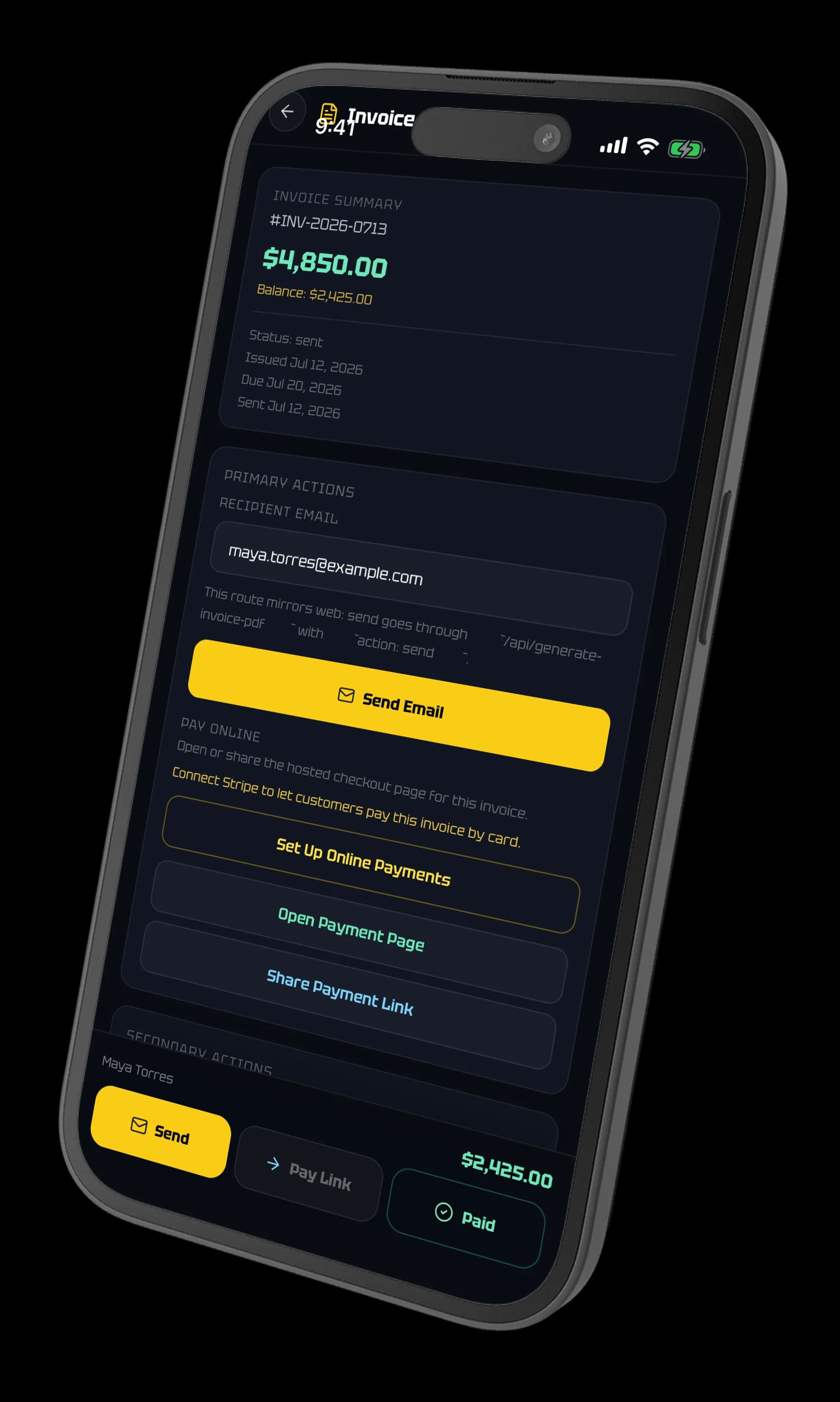 ElectriTrack invoice actions with email, hosted payment page, and payment-link controls.