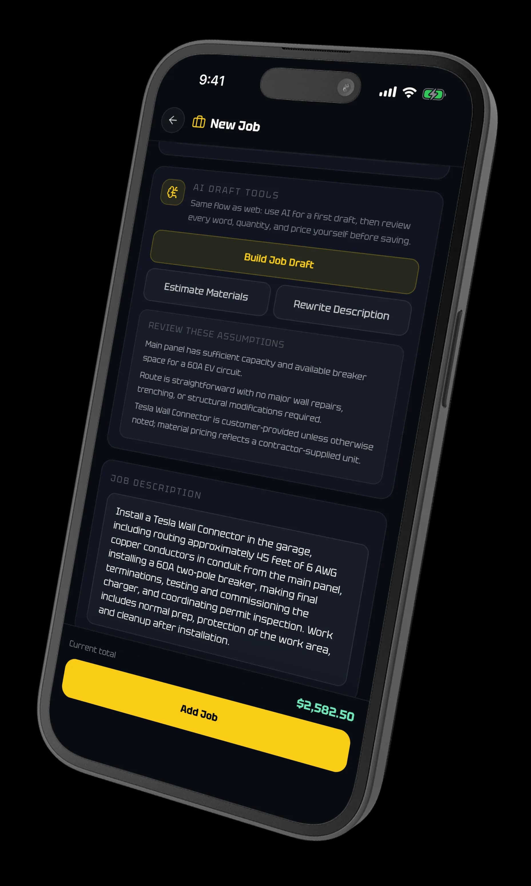 ElectriTrack new job screen using AI draft tools to generate a job description, assumptions, and starting total.